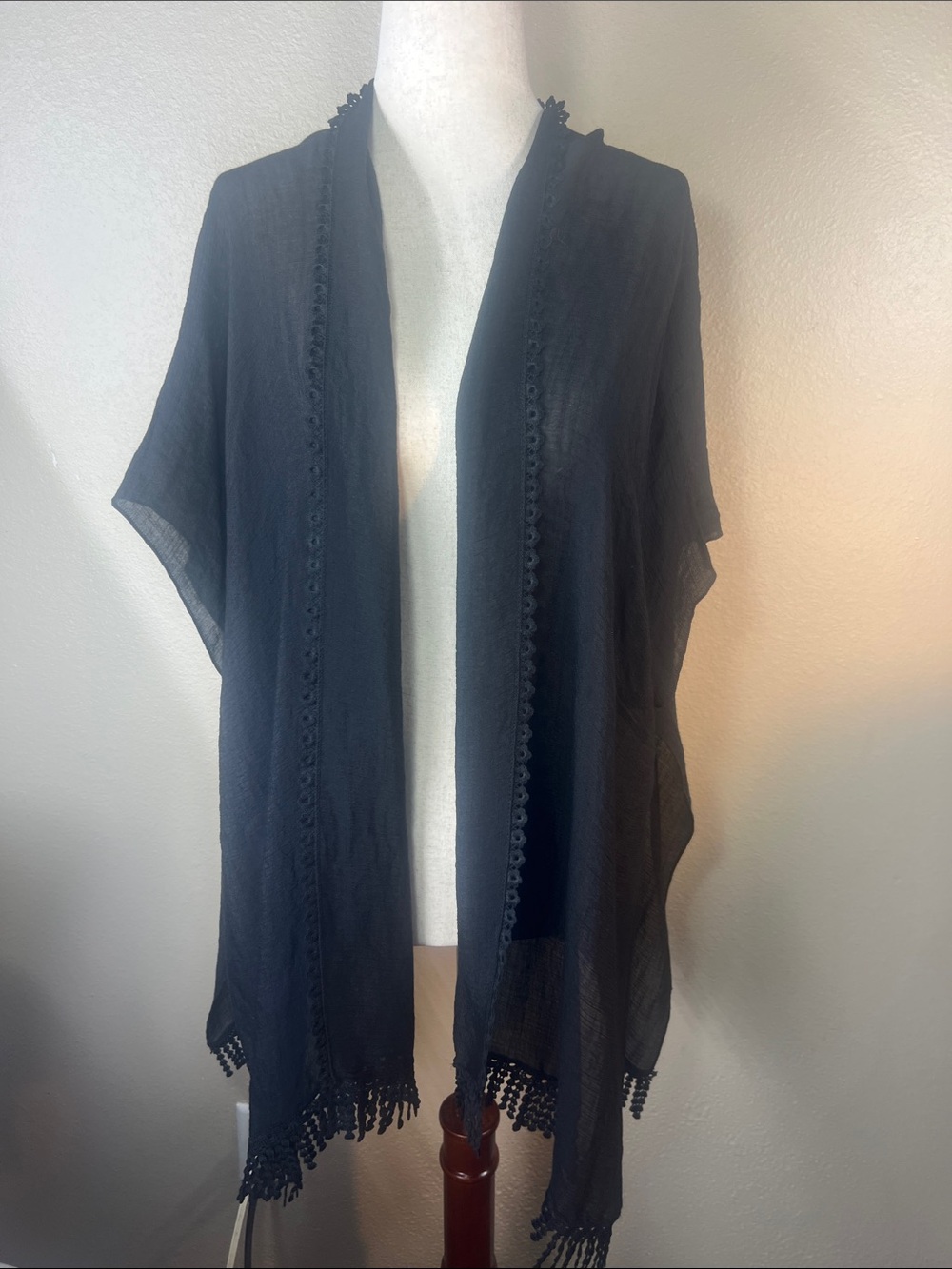 Steve Madden Black Sheer Fringe Trim Kimono